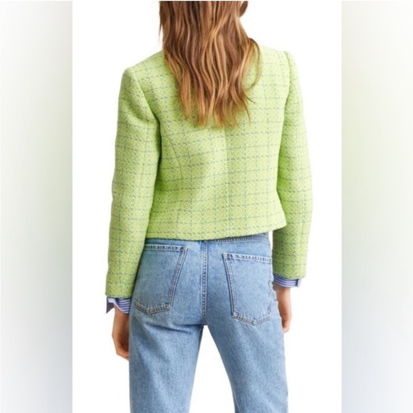 Mango MNG | Lime Green Tweed Cropped Blazer Jacket Gold Buttons - Picture 6 of 8